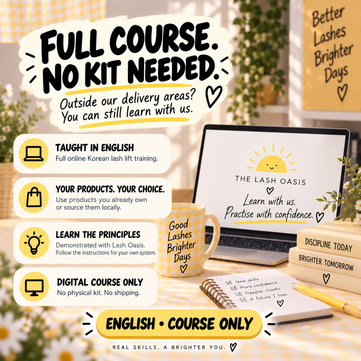English online Korean lash lift training for artists outside delivery areas, using their own or locally sourced products.